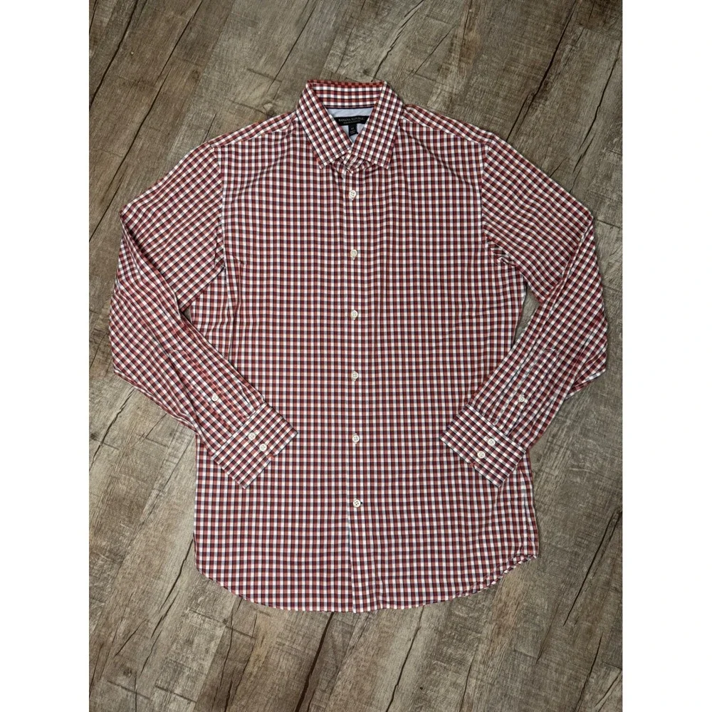 Banana Republic Mens Slim Fit Non-Iron Gingham Button Down Shirt Red Blue M 15.5